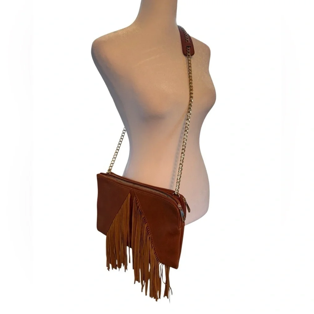 Fringe Leather Crossbody Bag with gold strap by Cato